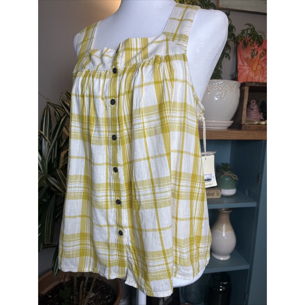 NWT a.n.a Sz Small Square Neck Tank Top Antique Moss Plaid Cottage Garden Fairy
